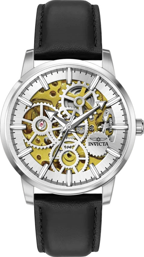 Invicta Objet D Art Men's 44.5mm Silver Skeleton Black Band Watch 70023 front view